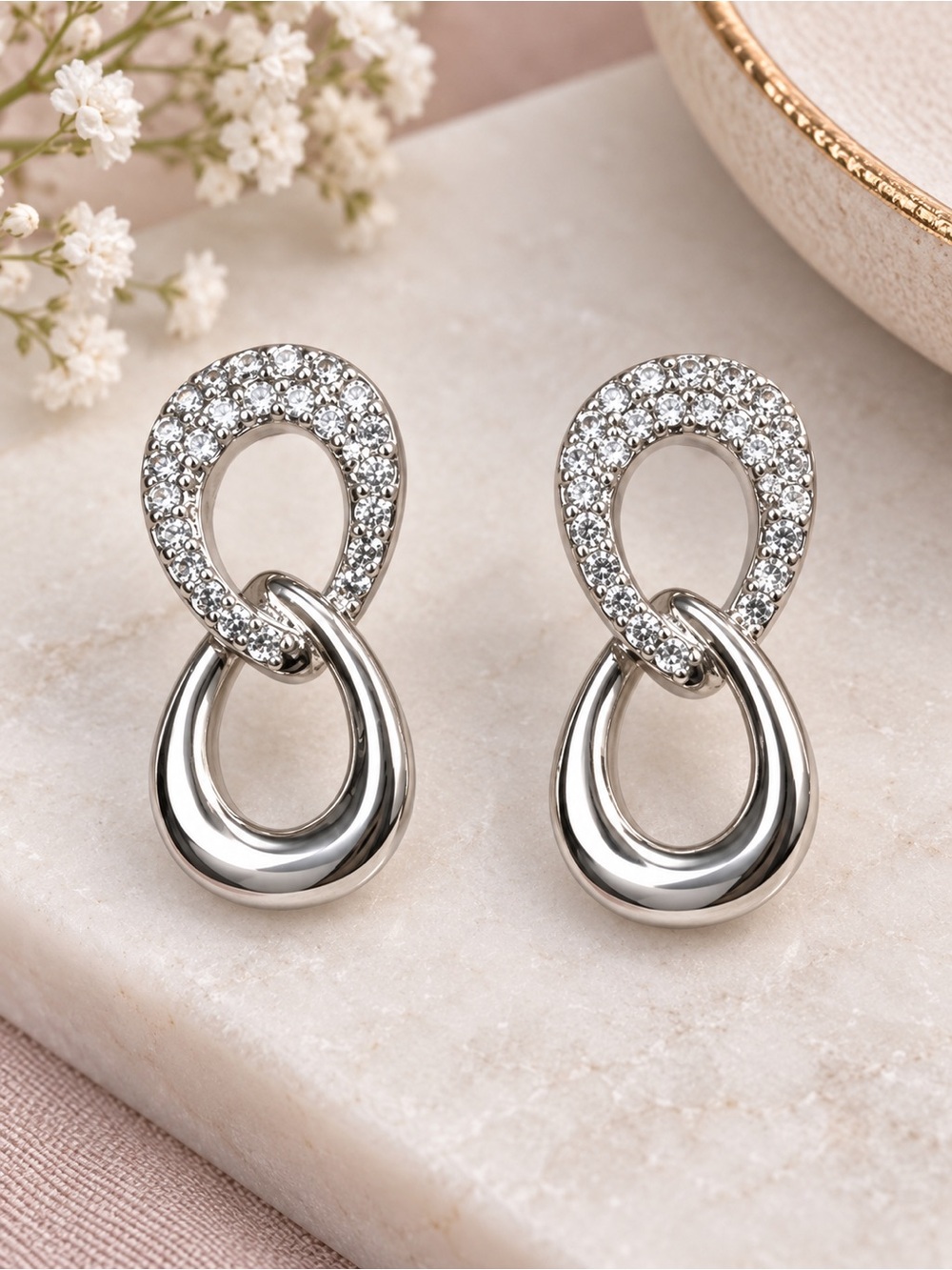 Silver Tone Pavé Crystal Double Link Drop Earrings | Modern Statement